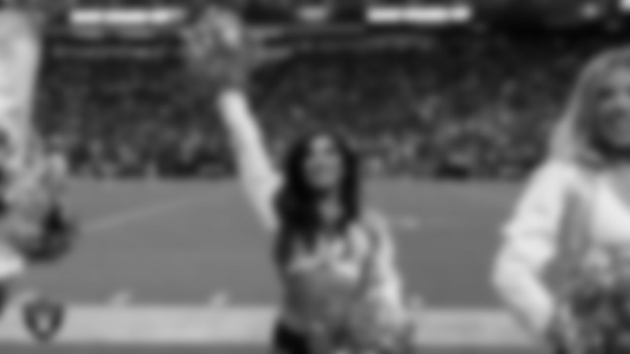 Raiderette Tatiana on the sidelines during the regular season home game against the Los Angeles Chargers at Allegiant Stadium.