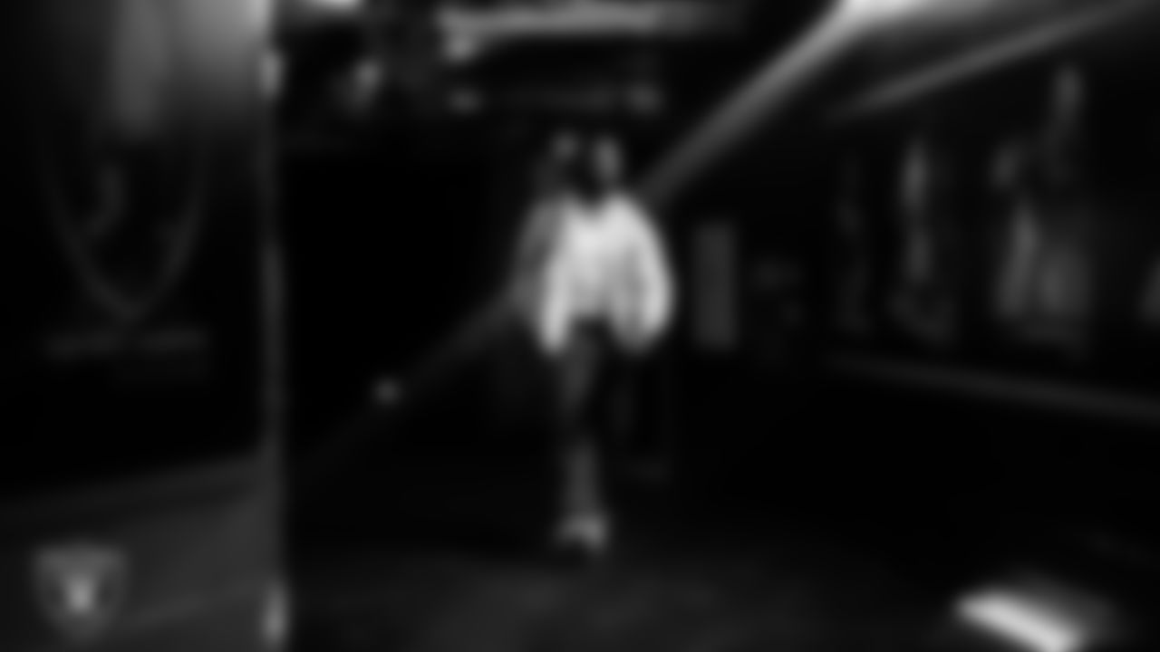 Las Vegas Raiders tight end Ian Thomas (80) arrives to the regular season home game against the Kansas City Chiefs at Allegiant Stadium.