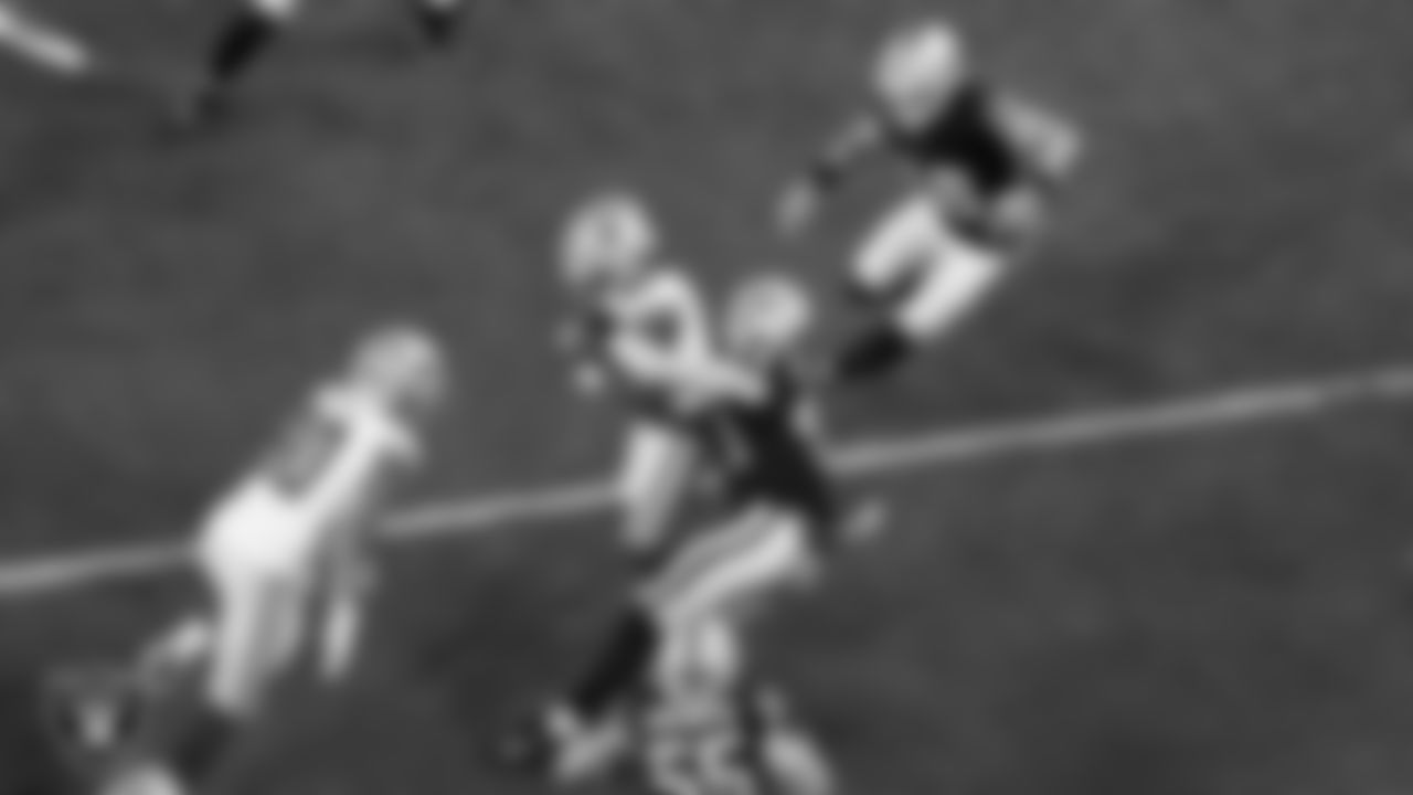 Las Vegas Raiders linebacker Tommy Eichenberg (44) makes a tackle during the regular season home game against the Dallas Cowboys at Allegiant Stadium.