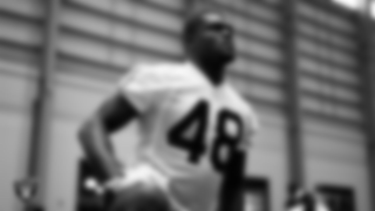 Las Vegas Raiders linebacker Jamin Davis (48) during practice at Intermountain Health Performance Center.