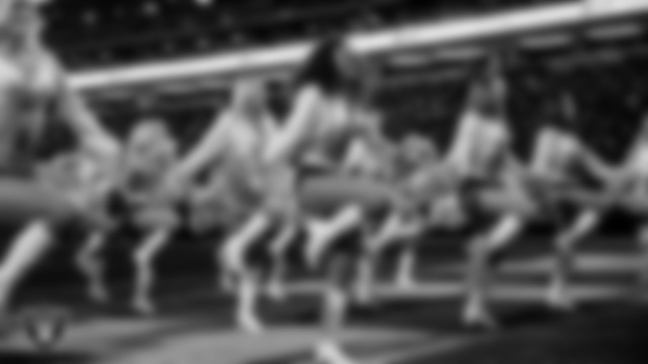 Raiderette Shayla performs on the field during the regular season home game against the Kansas City Chiefs at Allegiant Stadium.