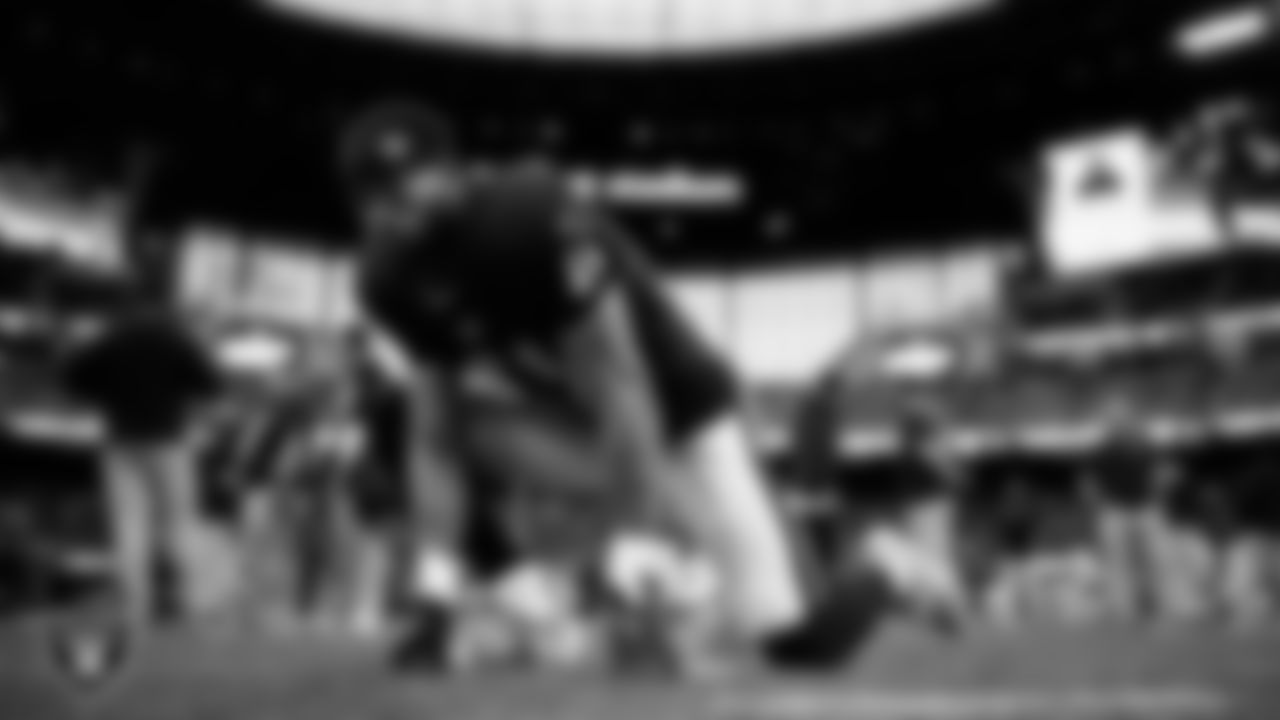 Las Vegas Raiders safety Jeremy Chinn (11) warming up before the regular season home game against the Cleveland Browns at Allegiant Stadium.