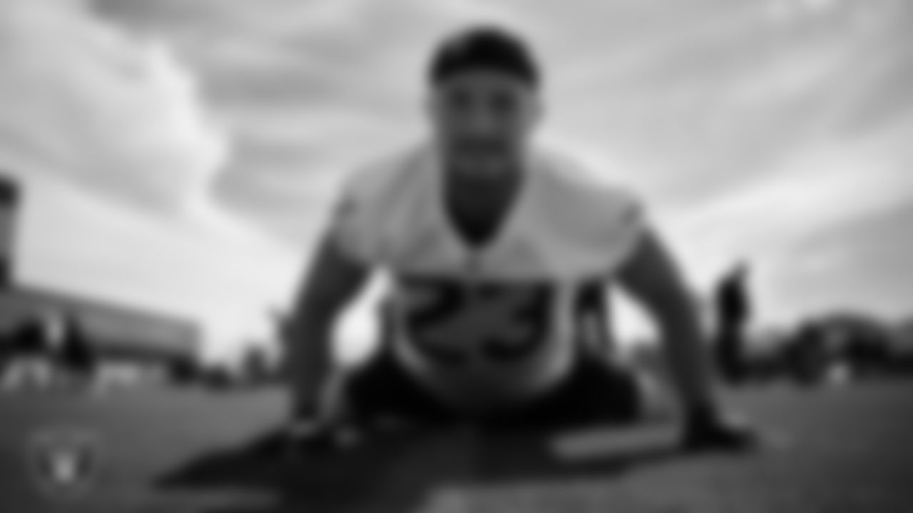 Las Vegas Raiders running back Dylan Laube (23) at a workout during phase two of the offseason program at Intermountain Health Performance Center.