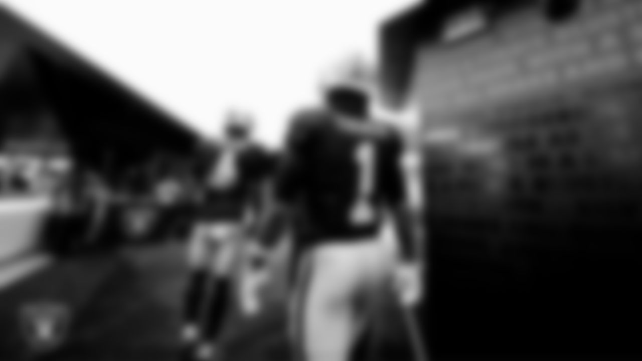 Las Vegas Raiders wide receiver Tre Tucker (1) walks down the tunnel before the regular season home game against the Denver Broncos at Allegiant Stadium.