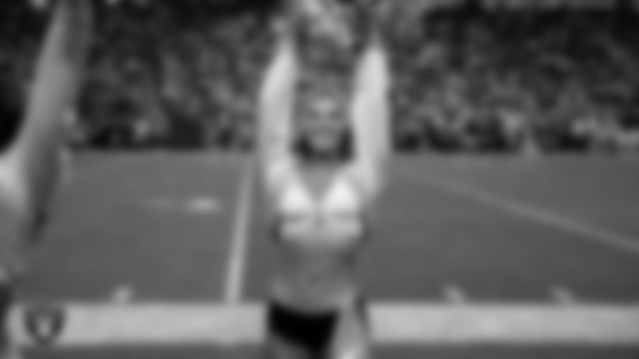 Raiderette Ali on the sidelines during the regular season home game against the Kansas City Chiefs at Allegiant Stadium.