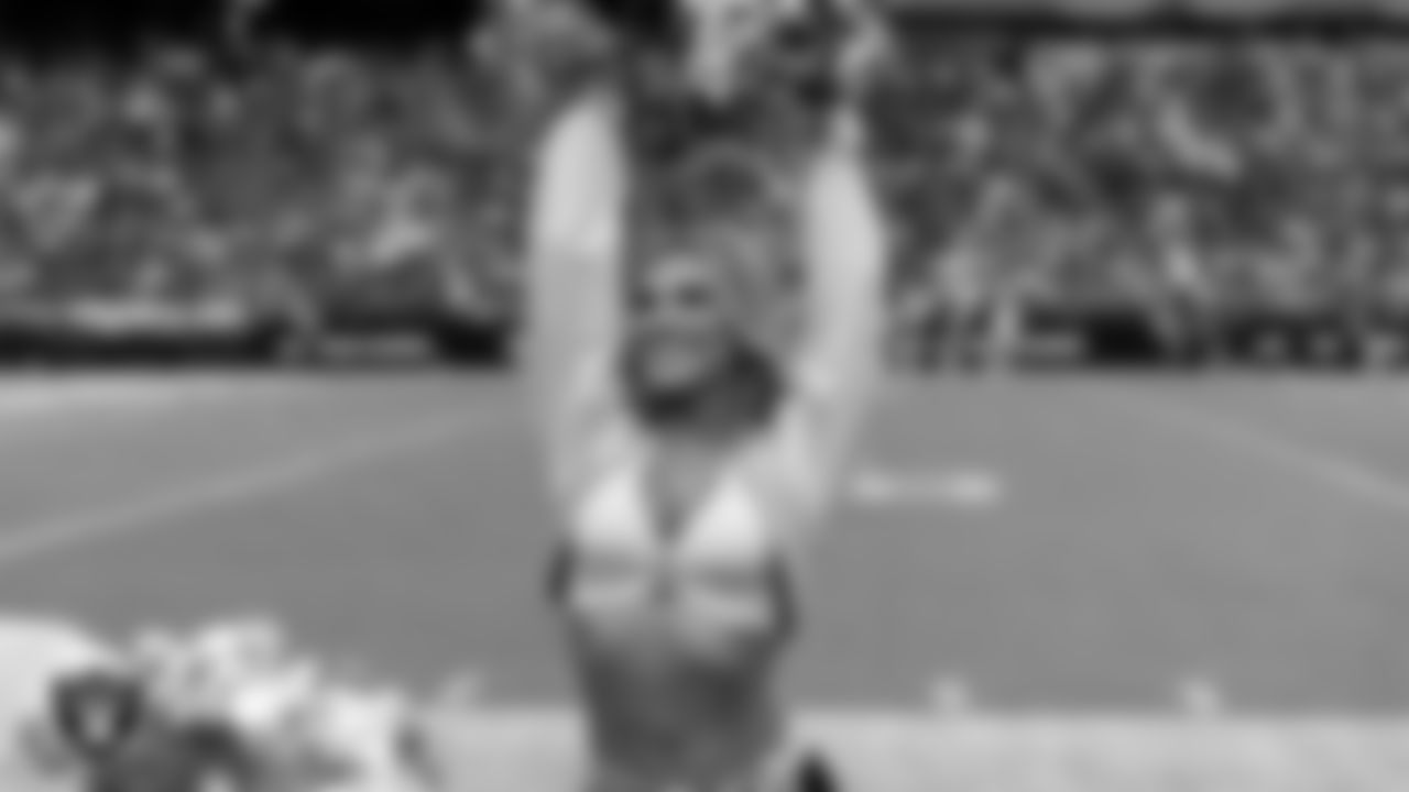 Raiderette Ali on the sidelines during the preseason home game against the San Francisco 49ers at Allegiant Stadium.