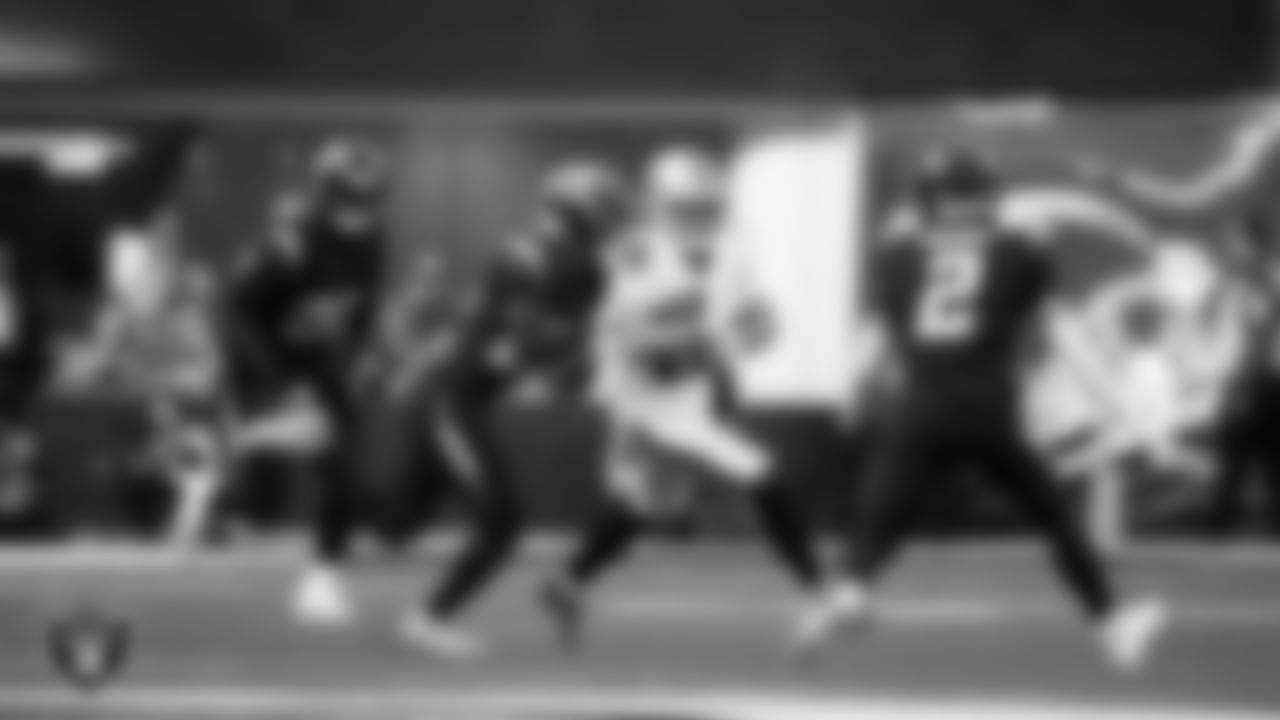 Las Vegas Raiders wide receiver Jack Bech (18) runs after making a catch during the regular season away game against the Los Angeles Chargers at SoFi Stadium.