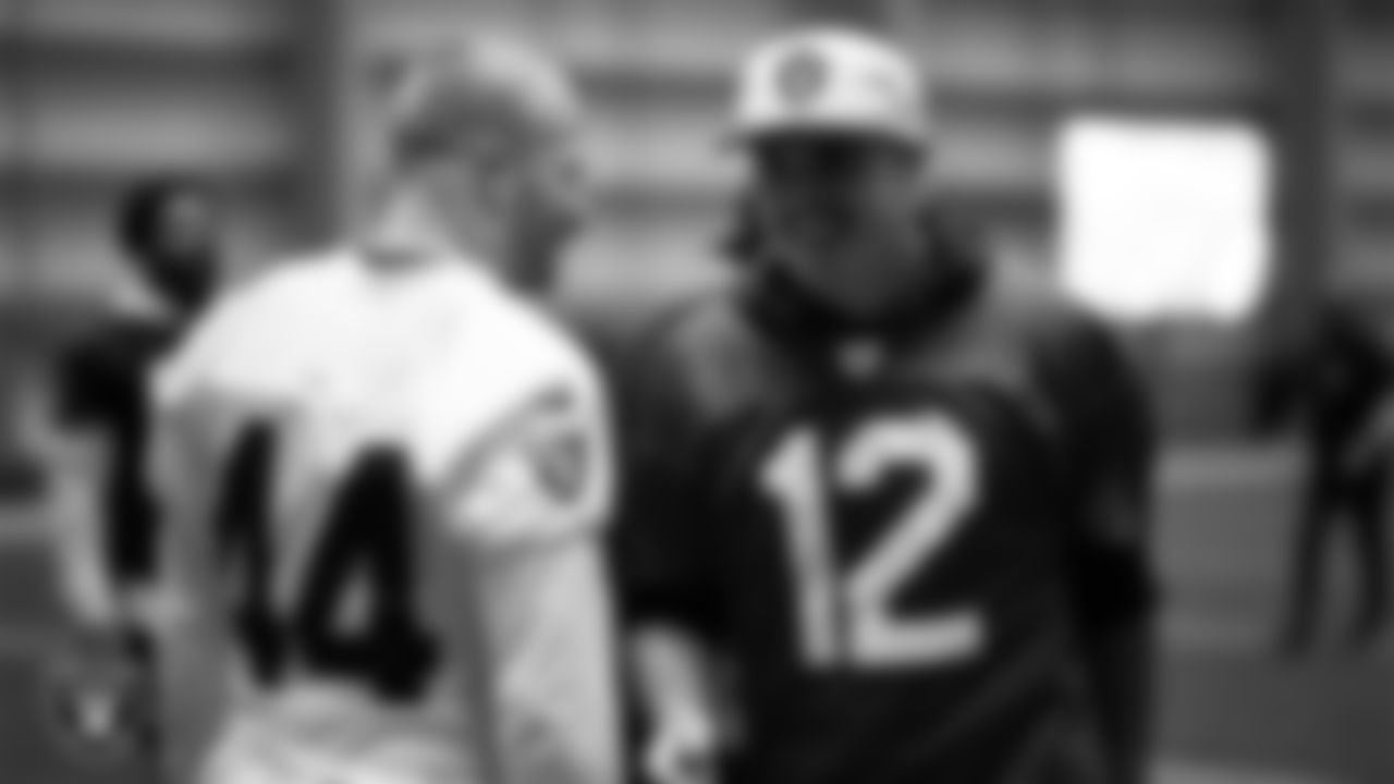 Las Vegas Raiders linebacker Tommy Eichenberg (44) and quarterback Aidan O'Connell (12) during practice at Intermountain Health Performance Center.