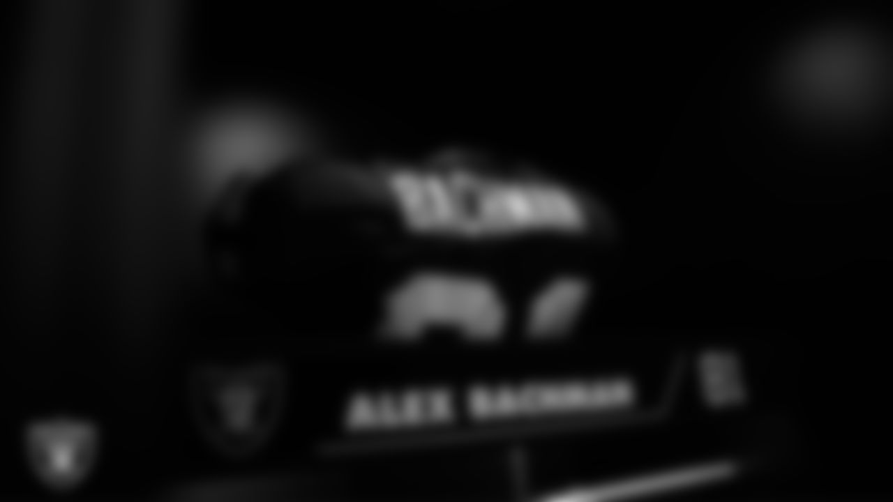 Las Vegas Raiders wide receiver Alex Bachman's (81) locker in the locker room prior to the Raiders' arrival for their regular season home game against the Kansas City Chiefs at Allegiant Stadium.