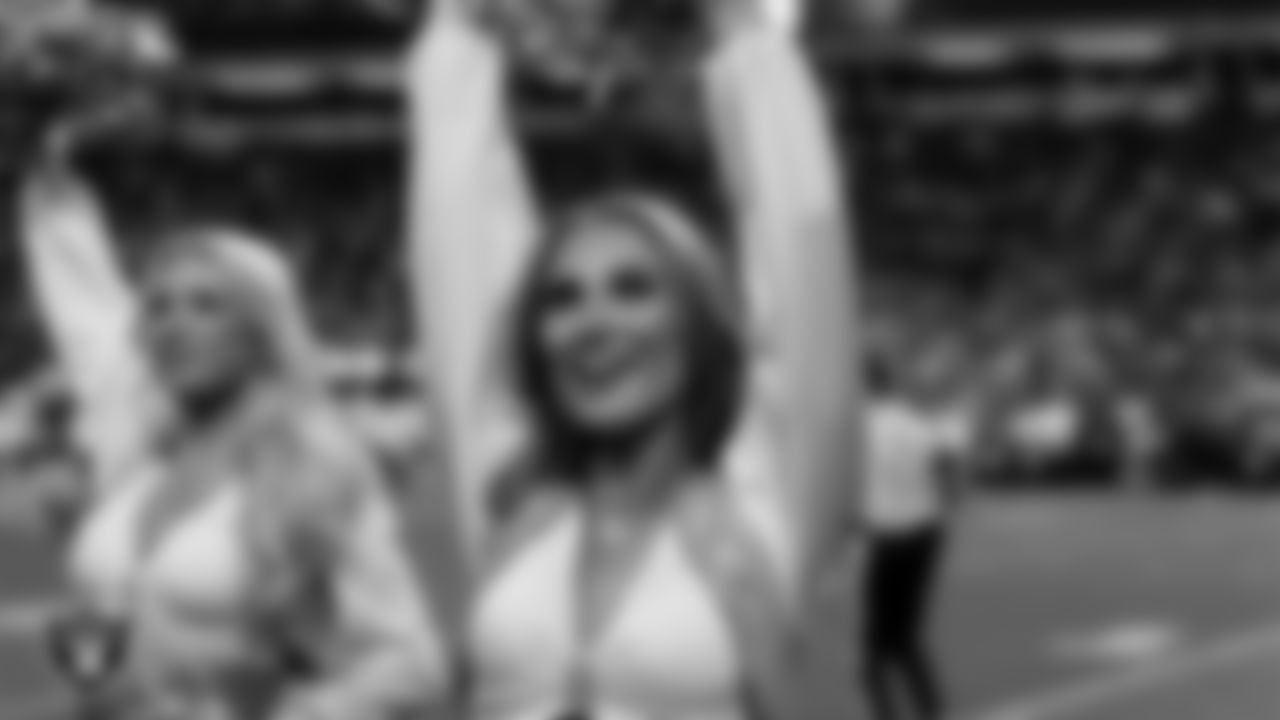 Raiderette Madisyn on the sidelines during the regular season home game against the Kansas City Chiefs at Allegiant Stadium.