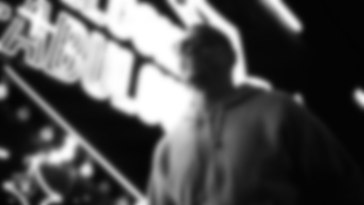 Las Vegas Raiders running backs coach Deland McCullough arrives to the regular season home game against the New York Giants at Allegiant Stadium.