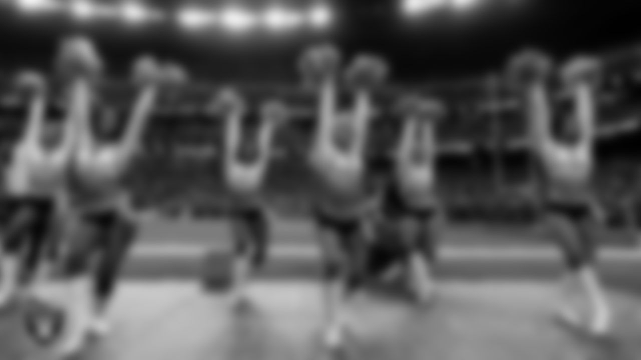 Line 3 of the Raiderettes performs on the sidelines during the regular season home game against the Cleveland Browns at Allegiant Stadium.