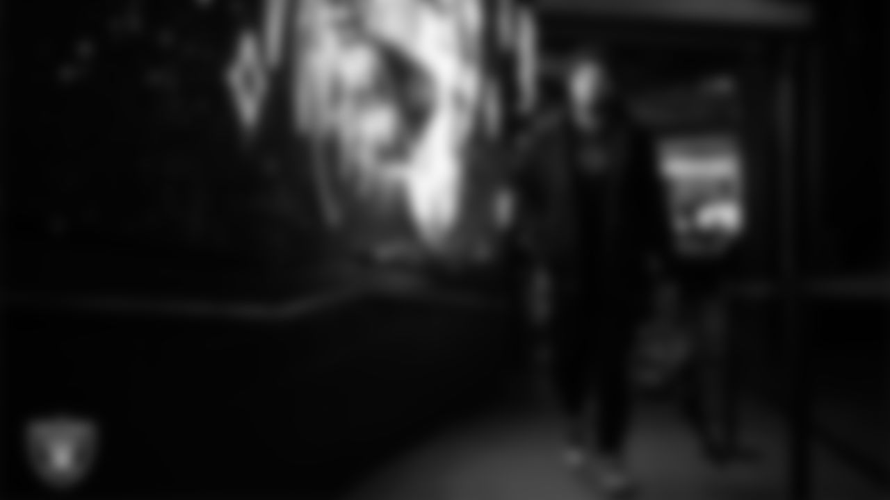 Las Vegas Raiders guard Caleb Rogers (76) arrives to the regular season home game against the New York Giants at Allegiant Stadium.