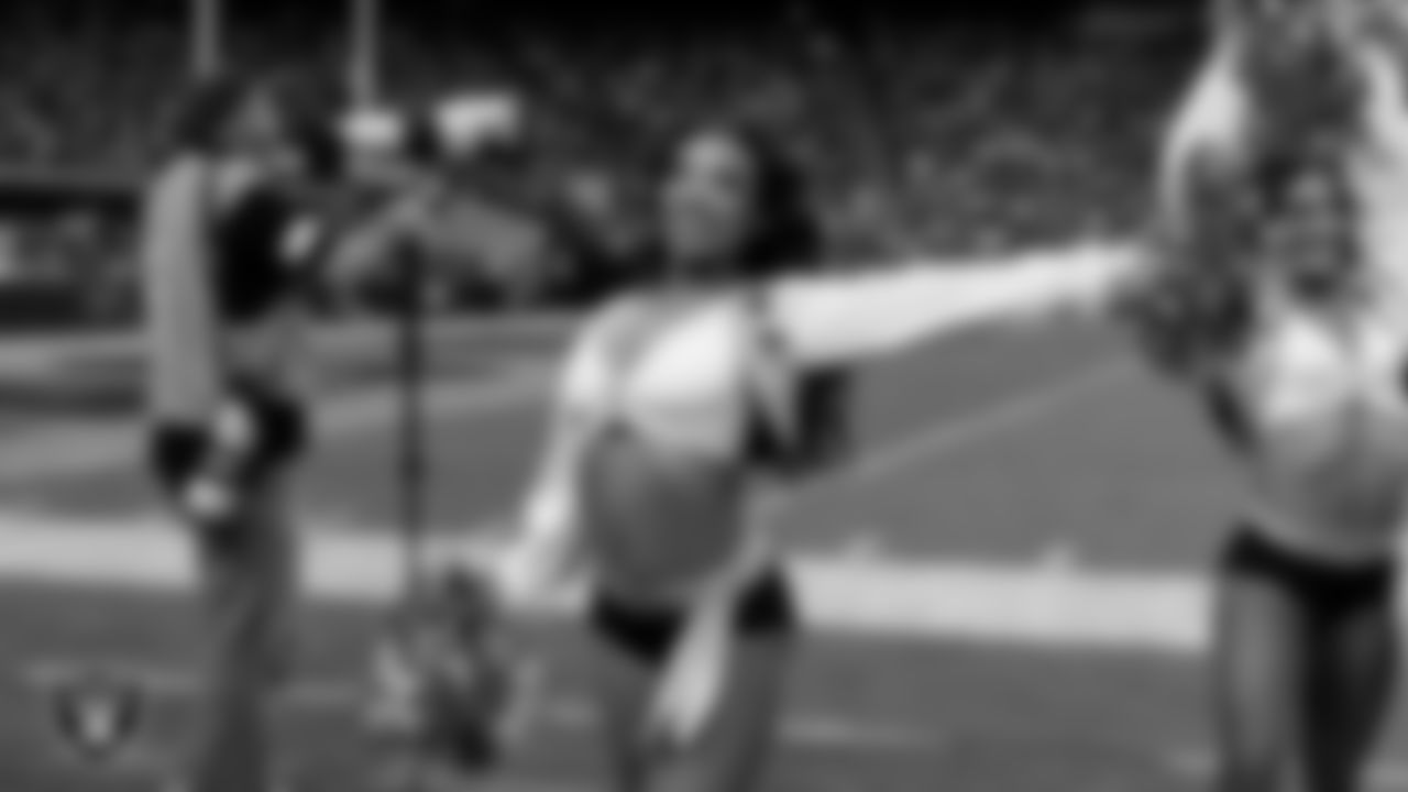 Raiderette Bria on the sidelines during the regular season home game against the Jacksonville Jaguars at Allegiant Stadium.