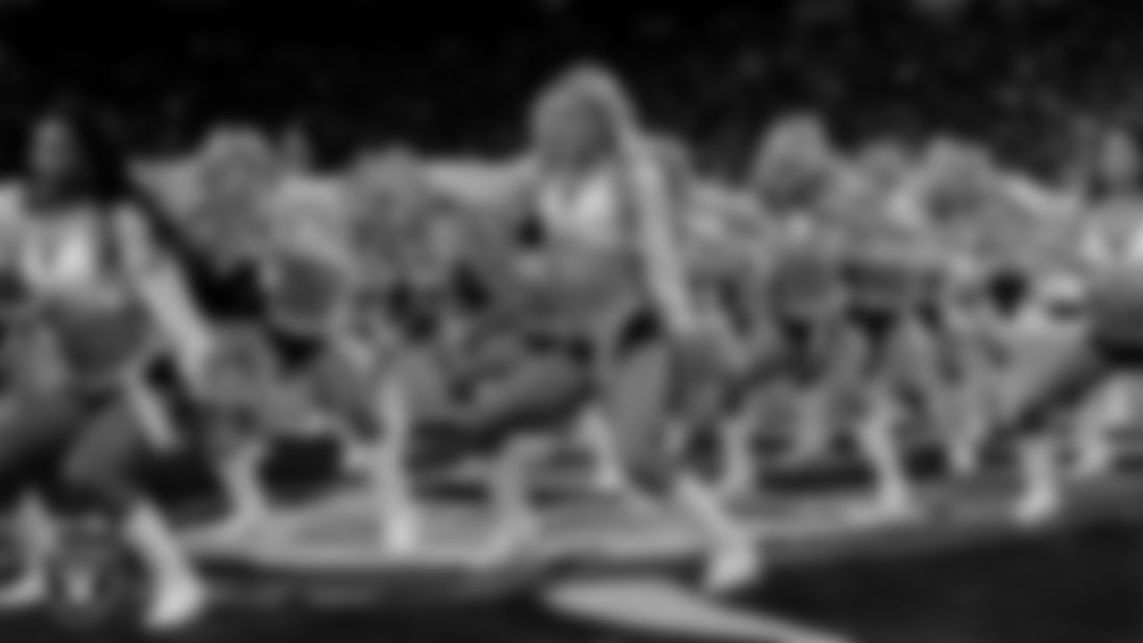 Raiderette Kennedy performs on the field before the regular season home game against the Dallas Cowboys at Allegiant Stadium.