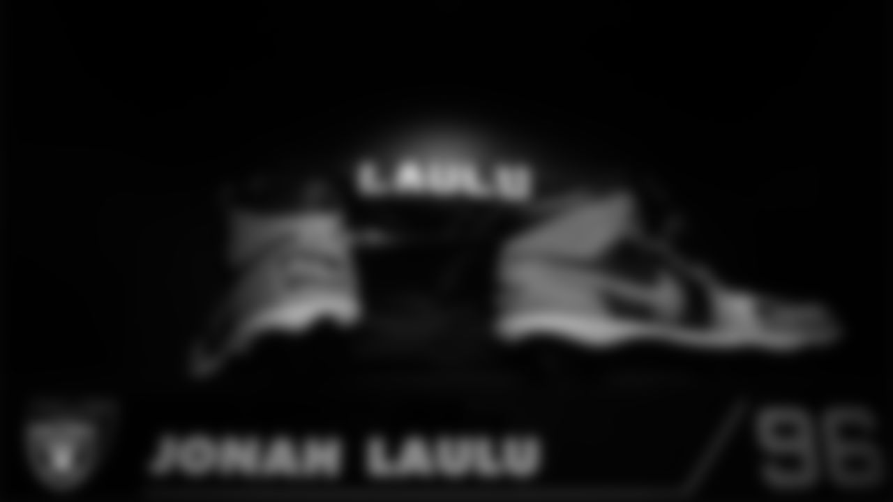 Las Vegas Raiders defensive tackle Jonah Laulu's (96) locker in the locker room prior to the Las Vegas Raiders' arrival for their regular season home game against the Cleveland Browns at Allegiant Stadium.