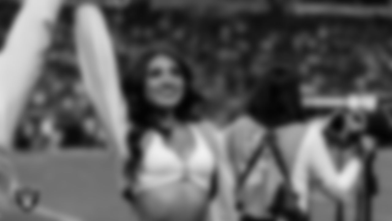 Raiderette Sloane on the sidelines during the regular season home game against the Kansas City Chiefs at Allegiant Stadium.
