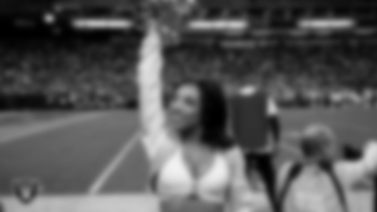 Raiderette Bria on the sidelines during the regular season home game against the Kansas City Chiefs at Allegiant Stadium.