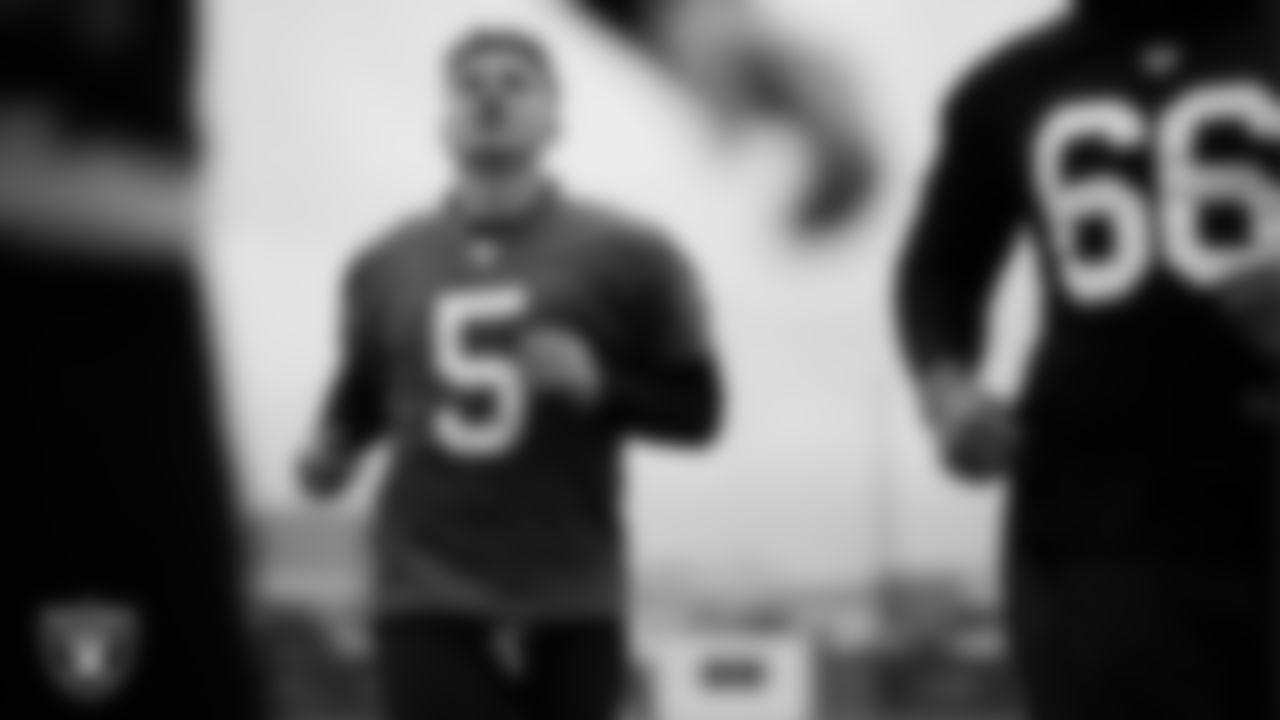 Las Vegas Raiders quarterback Cam Miller (5) during practice at Intermountain Health Performance Center.