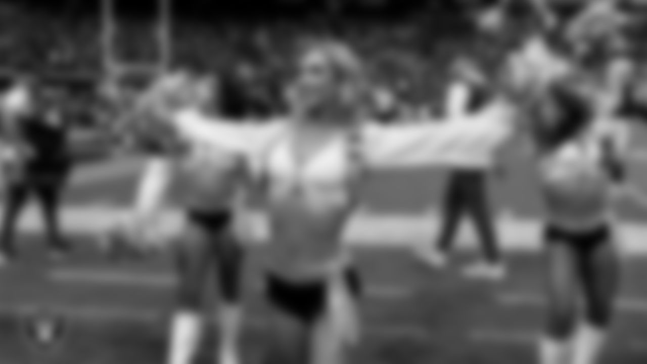 Raiderette Taylor on the sidelines during the regular season home game against the Jacksonville Jaguars at Allegiant Stadium.