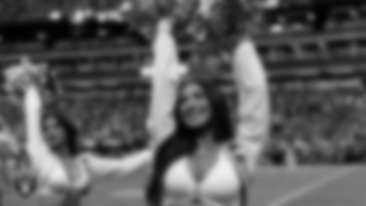 Raiderette Cheyanne on the sidelines during the regular season home game against the Jacksonville Jaguars at Allegiant Stadium.