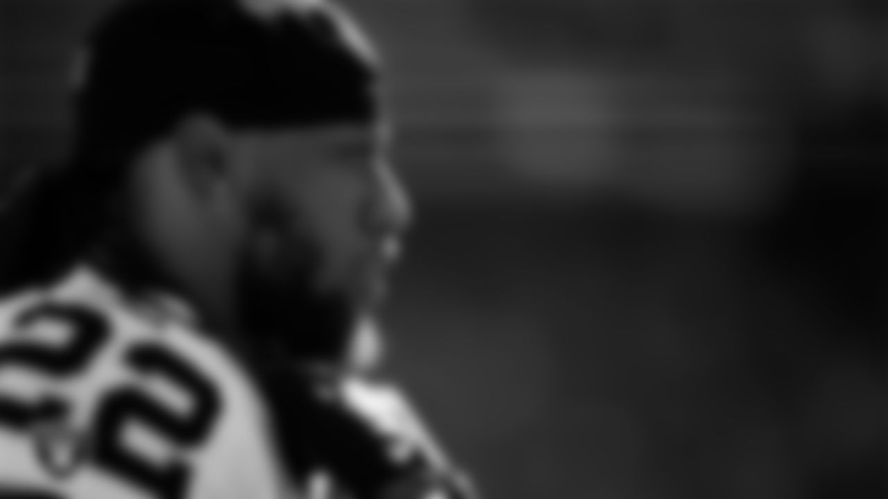 Las Vegas Raiders cornerback Eric Stokes (22) during the national anthem before the regular season away game against the Kansas City Chiefs at GEHA Field at Arrowhead Stadium.
