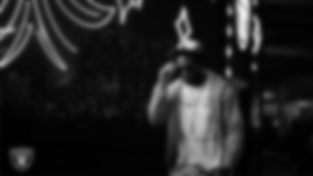 Las Vegas Raiders quarterback Geno Smith (7) arrives to the regular season home game against the New York Giants at Allegiant Stadium.