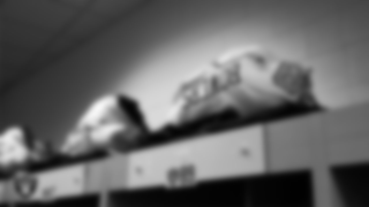 Las Vegas Raiders tight end Brock Bowers' (89) pads in the locker room prior to the Raiders' arrival for their regular season away game against the Denver Broncos at Empower Field at Mile High.