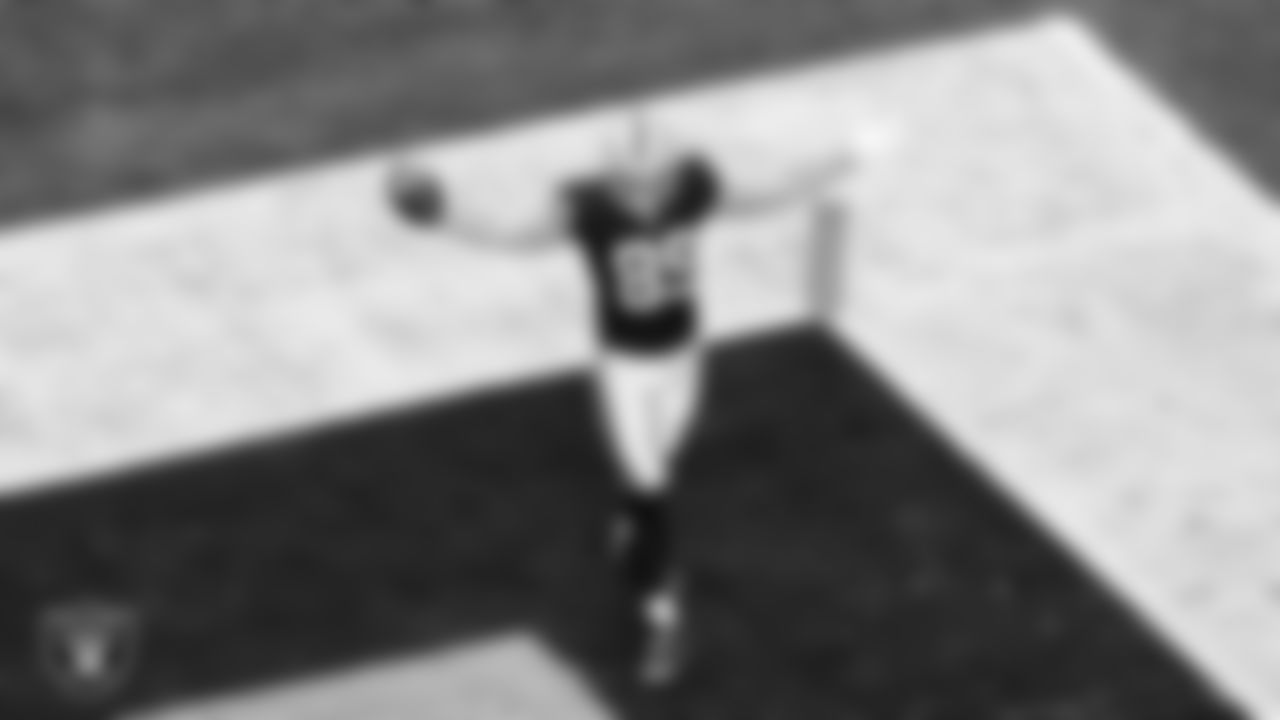 Las Vegas Raiders tight end Brock Bowers (89) celebrates after making a 15-yard touchdown catch during the regular season home game against the Denver Broncos at Allegiant Stadium.