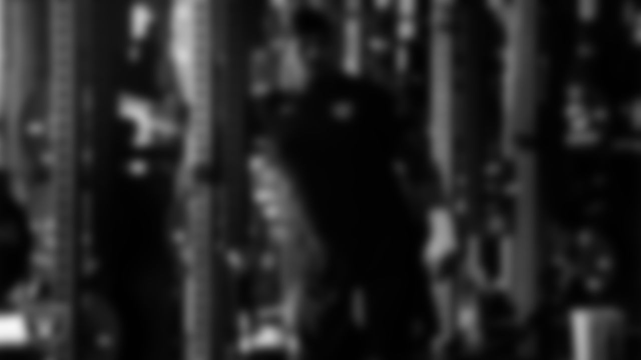 Las Vegas Raiders guard Caleb Rogers (76) in the weight room during practice at Intermountain Health Performance Center.