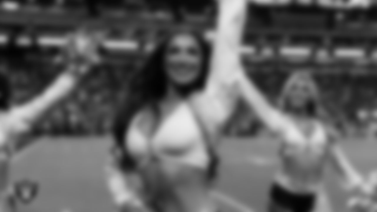 Raiderette Cheyanne on the sidelines during the regular season home game against the Cleveland Browns at Allegiant Stadium.