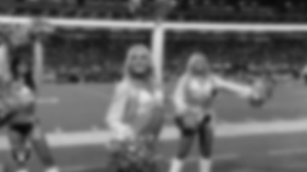 Raiderette Kennedy on the sidelines during the regular season home game against the Los Angeles Chargers at Allegiant Stadium.