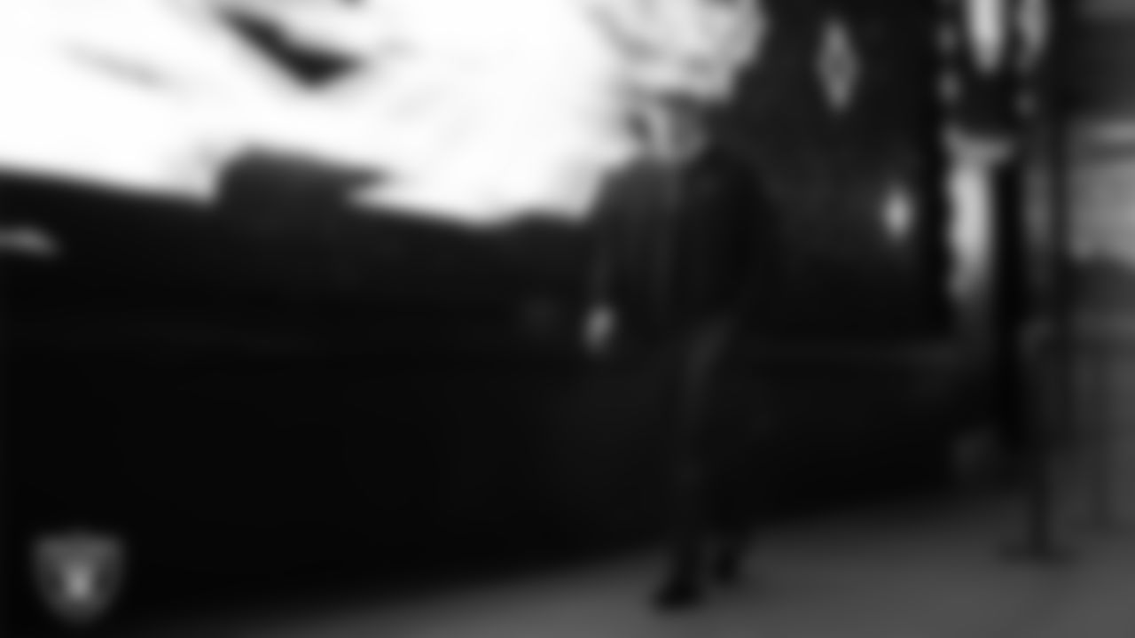 Las Vegas Raiders tight end Carter Runyon (46) arrives to the regular season home game against the Cleveland Browns at Allegiant Stadium.