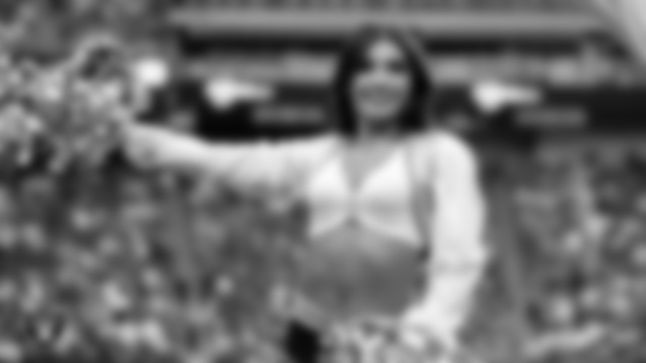 Raiderette Maddie on the sidelines during the preseason home game against the San Francisco 49ers at Allegiant Stadium.