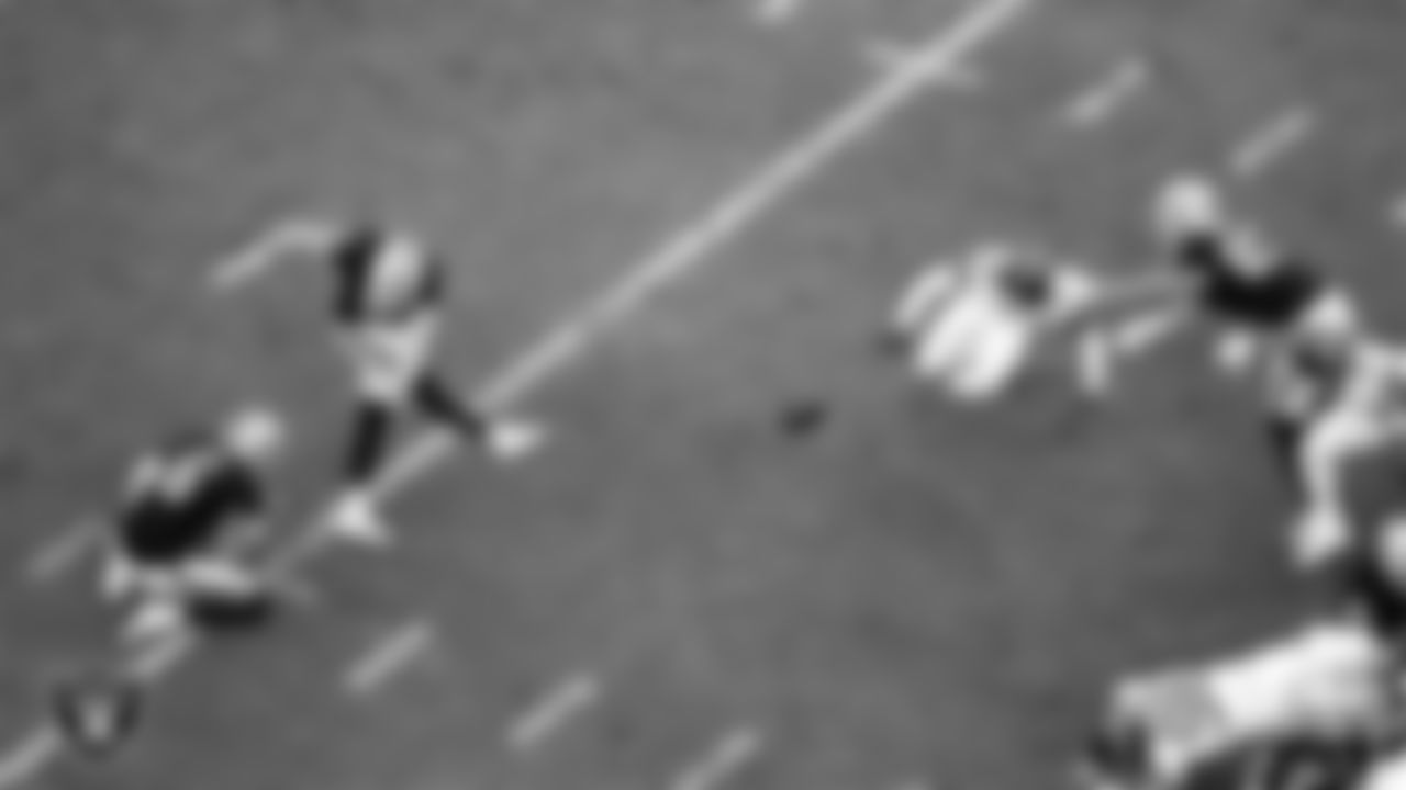 Las Vegas Raiders kicker Daniel Carlson (8) kicks a 50-yard field goal during the regular season home game against the Tennessee Titans at Allegiant Stadium.