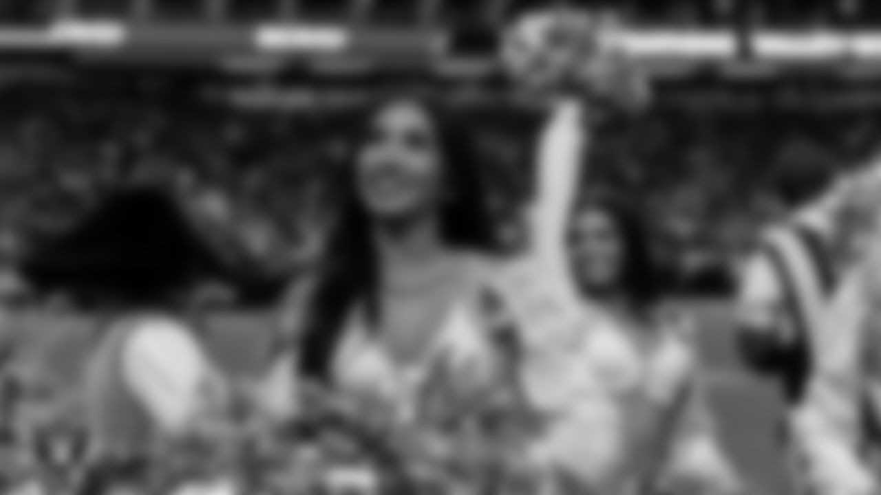 Raiderette Meekela on the sidelines during the regular season home game against the Jacksonville Jaguars at Allegiant Stadium.