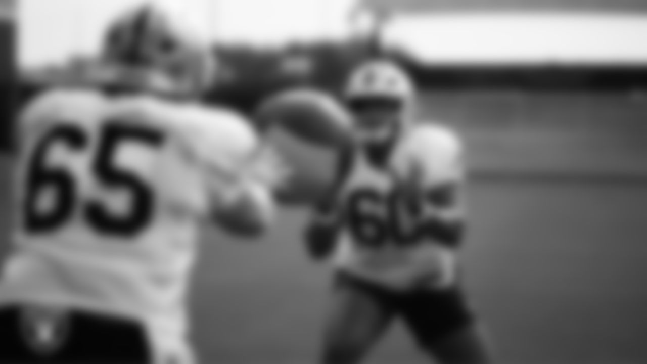 Las Vegas Raiders tackle Charles Grant (60) during practice at Intermountain Health Performance Center.