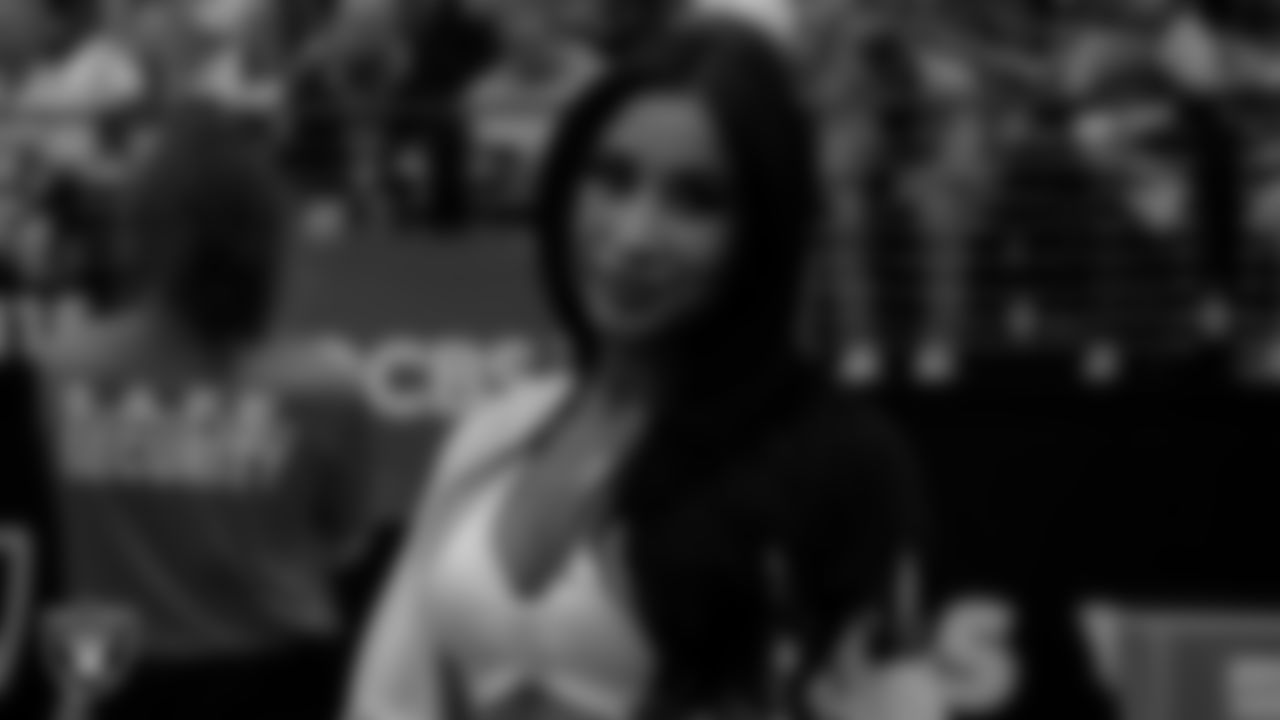 Raiderette Meekela on the sidelines during the regular season home game against the Kansas City Chiefs at Allegiant Stadium.