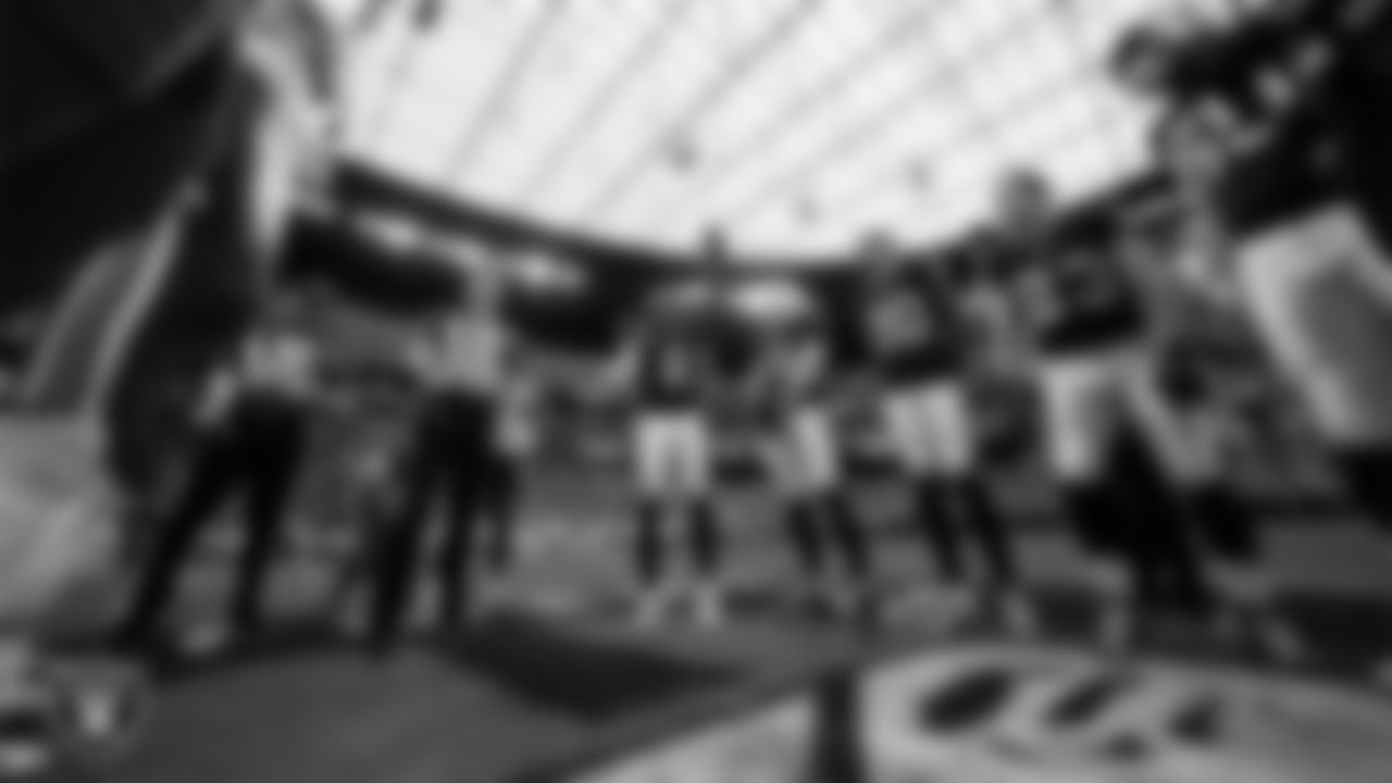 The Las Vegas Raiders during the coin toss before the regular season home game against the Kansas City Chiefs at Allegiant Stadium.