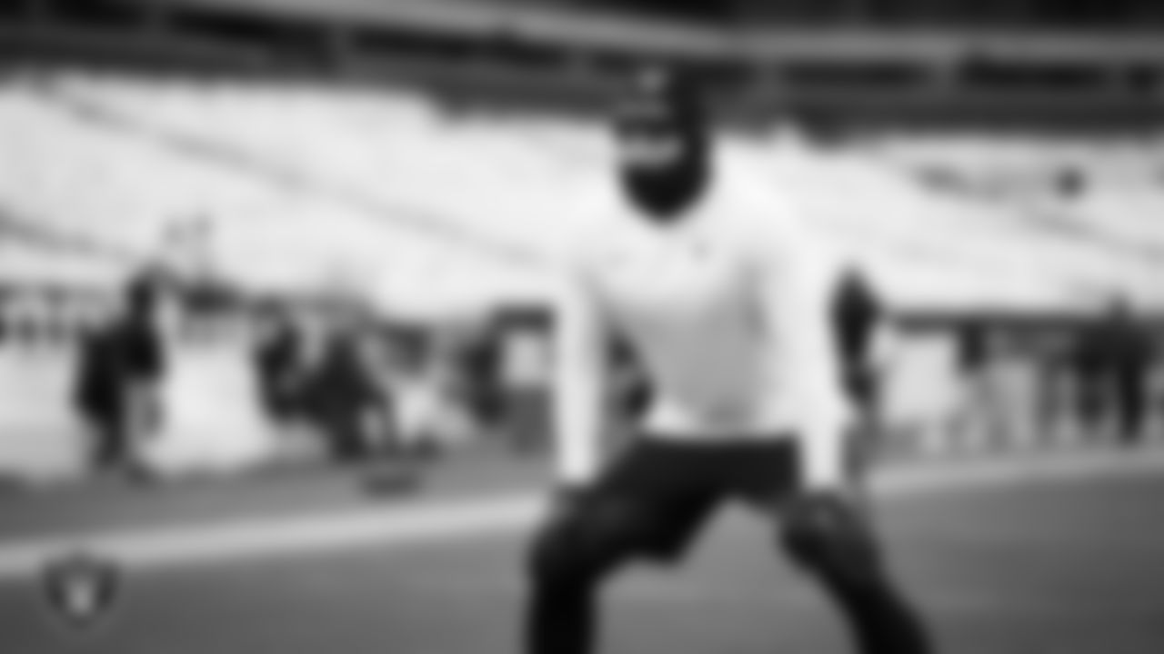 Las Vegas Raiders linebacker Jon Rhattigan (59) warming up before the regular season away game against the Philadelphia Eagles at Lincoln Financial Field.