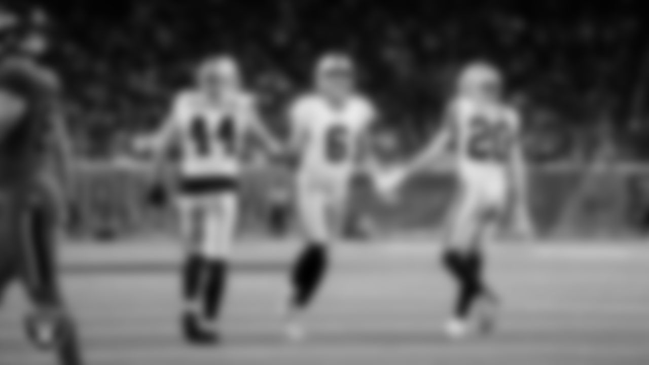 Las Vegas Raiders linebacker Tommy Eichenberg (44), punter AJ Cole (6) and safety Isaiah Pola-Mao (20) during the regular season away game against the Houston Texans at NRG Stadium.