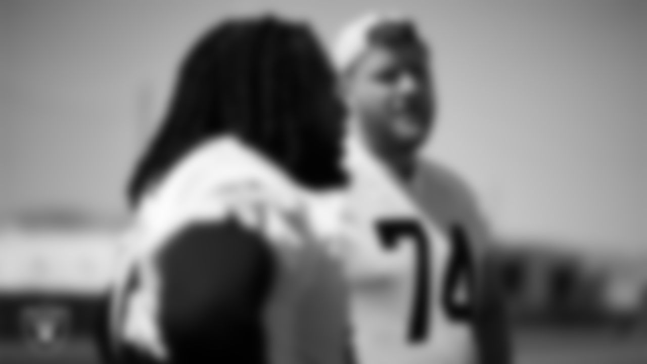 Las Vegas Raiders tackle Kolton Miller (74) at a workout during phase two of the offseason program at Intermountain Health Performance Center.