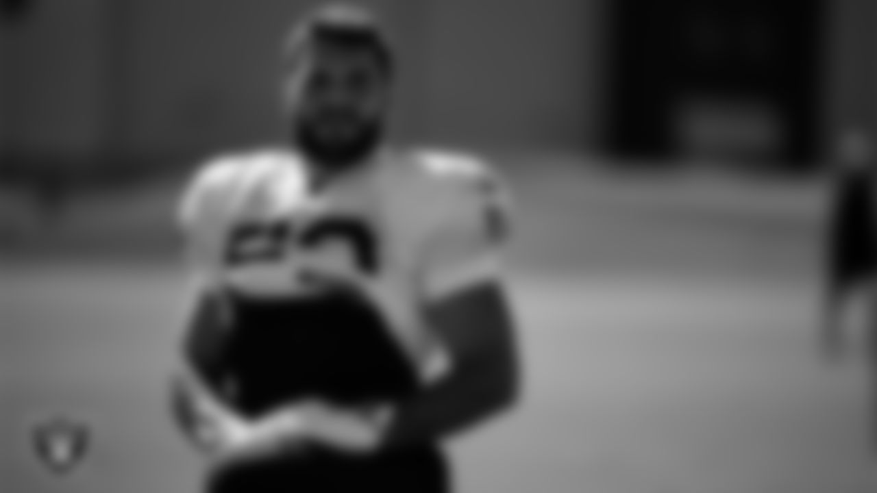Las Vegas Raiders linebacker Jon Rhattigan (59) during practice at Intermountain Health Performance Center.