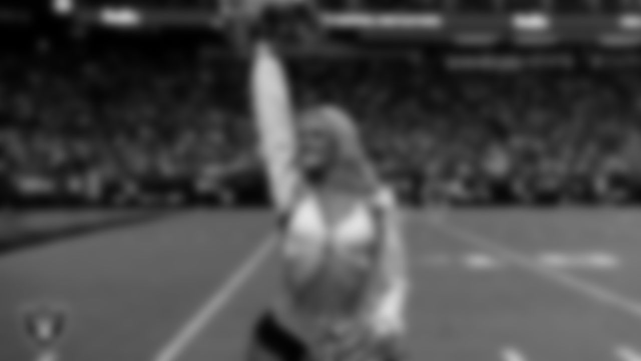 Raiderette Jessica on the sidelines during the regular season home game against the Dallas Cowboys at Allegiant Stadium.