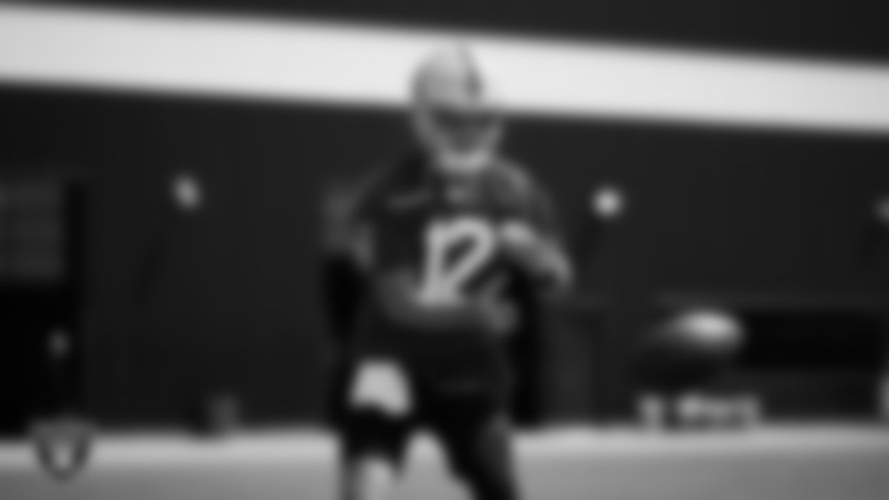 Las Vegas Raiders quarterback Aidan O'Connell (12) at an Organized Team Activity (OTA) at Intermountain Health Performance Center.