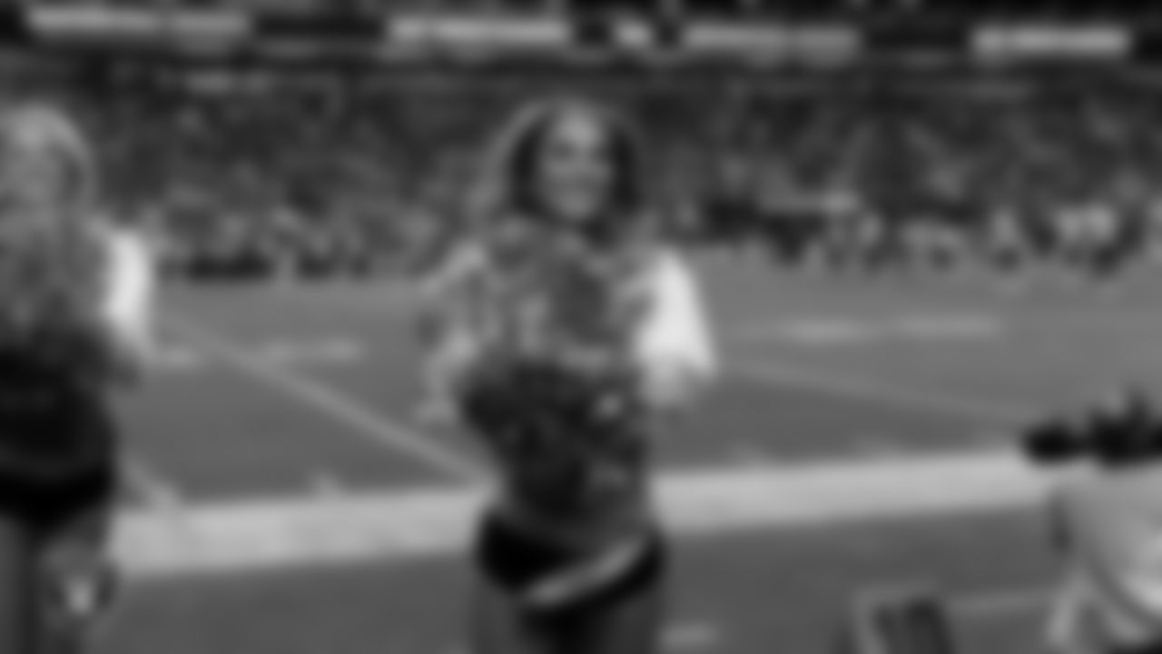 Raiderette Madisyn performs on the sidelines during the regular season home game against the Jacksonville Jaguars at Allegiant Stadium.