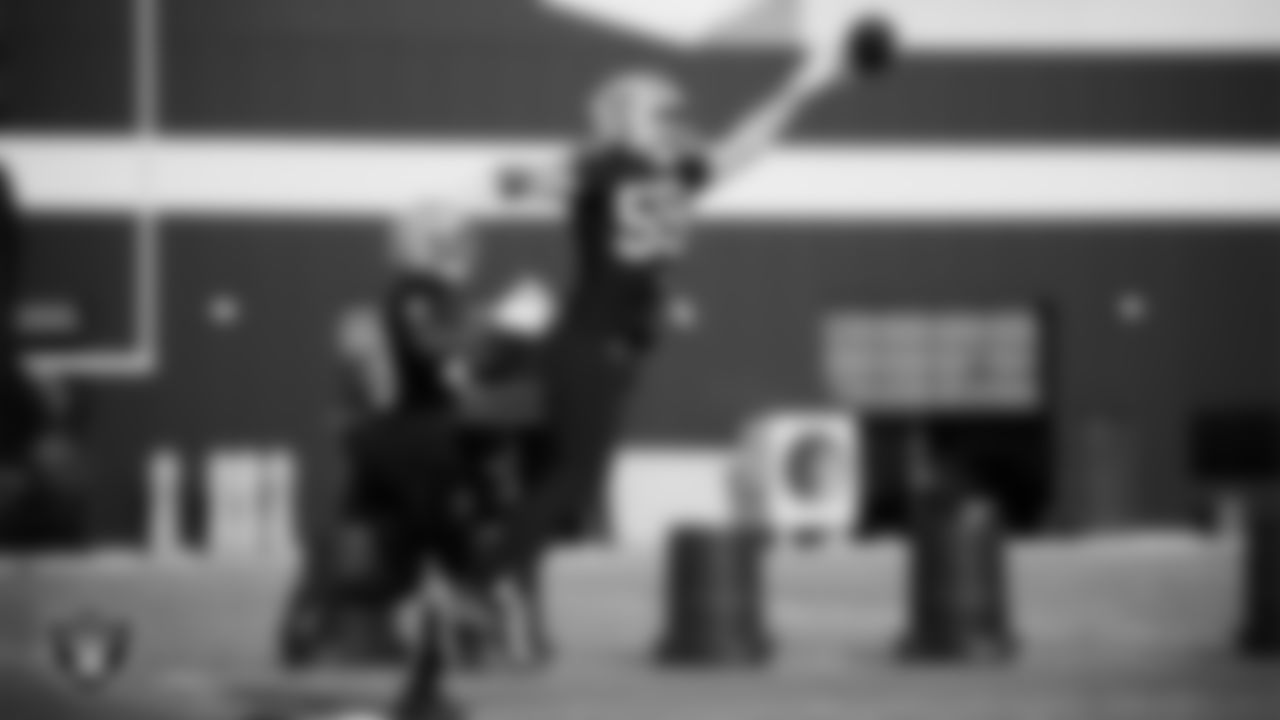 Las Vegas Raiders linebacker Jon Rhattigan (59) during practice at Intermountain Health Performance Center.