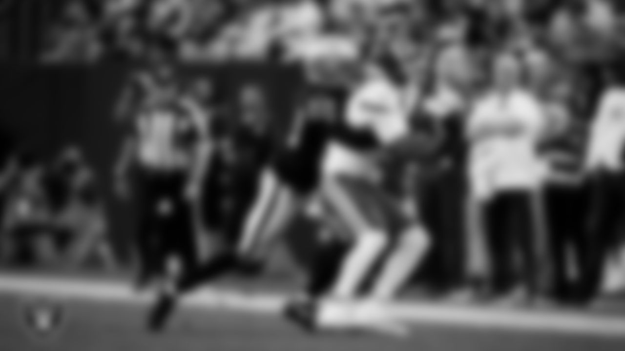 Las Vegas Raiders cornerback Eric Stokes (22) makes a tackle during the regular season home game against the Kansas City Chiefs at Allegiant Stadium.