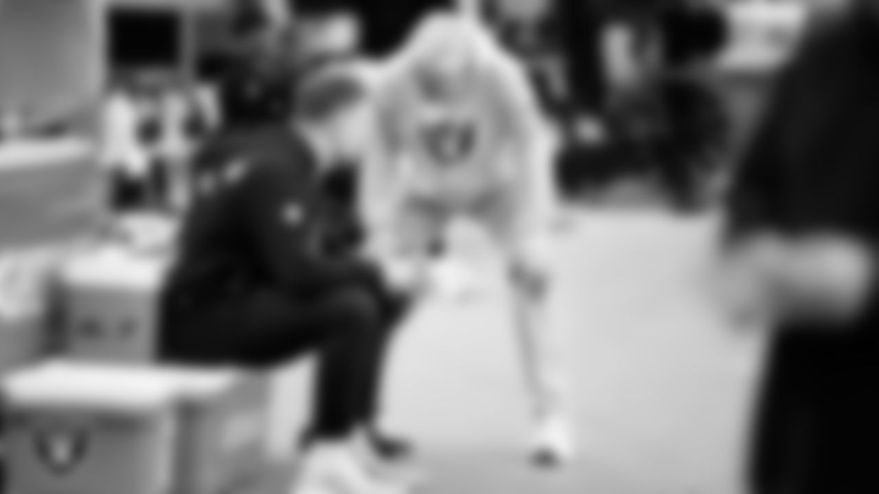 Las Vegas Raiders quarterback Cam Miller (5) and Head Coach Pete Carroll before the regular season home game against the Cleveland Browns at Allegiant Stadium.