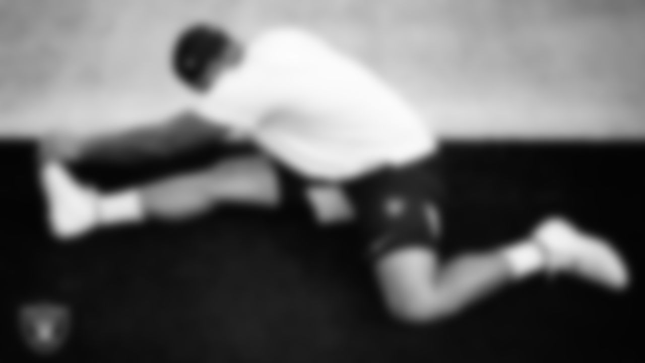 Las Vegas Raiders defensive tackle Jonah Laulu (96) warming up before the regular season away game against the Los Angeles Chargers at SoFi Stadium.